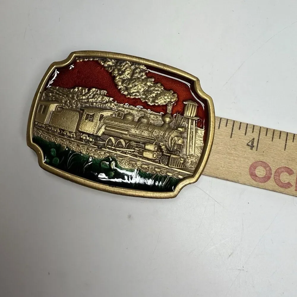 Vintage Koleaco Steam Locomotive Train Brass & Enamel Belt Buckle In Orginal Box